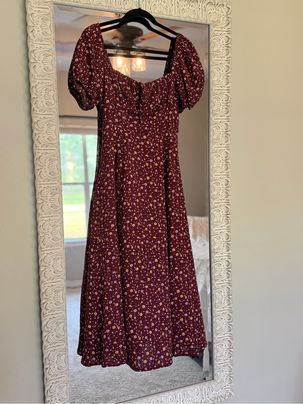Forever 21 Burgundy Floral Puff-Sleeve Maxi Dress
